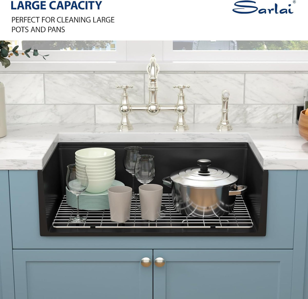 Sarlai 33''x20'' Black Reversible Apron Fireclay Workstation Farmhouse Sink