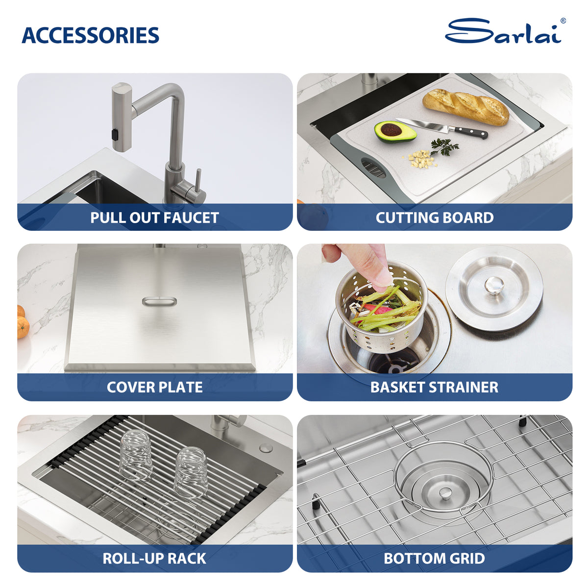 Sarlai 21''Drop In Workstation Bar Sink 16 Gauge SUS304 Stainless Steel Topmount Prep Sink with Pull Out Faucet & Full Accessories