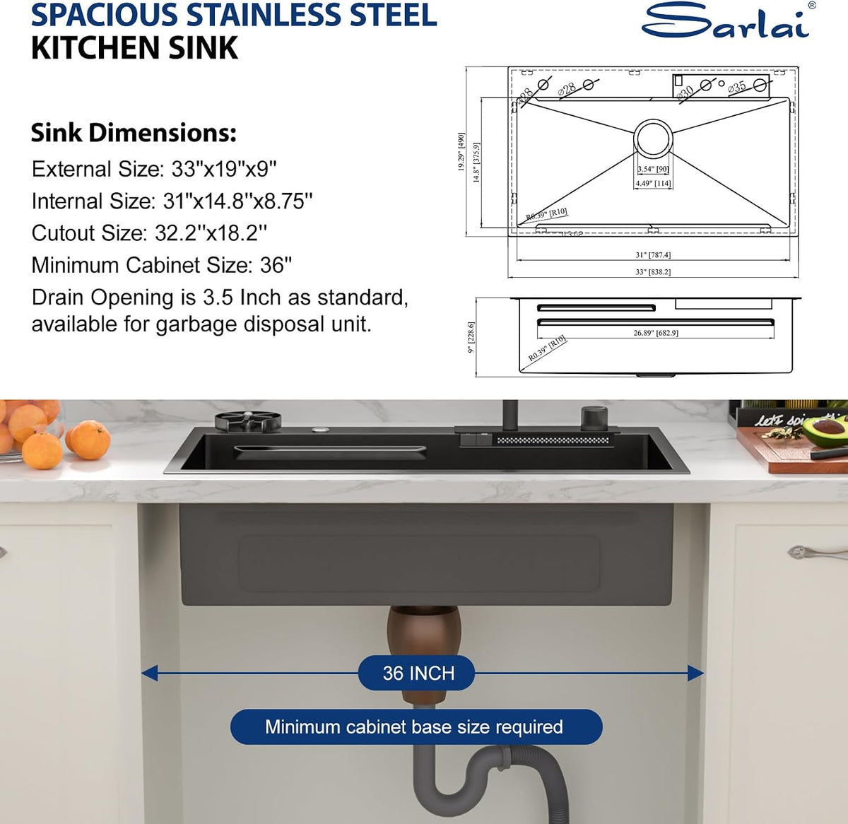 Sarlai 33 Inch Gunmetal Black Waterfall Workstation Drop In Kitchen Sink with Faucet & Glass Rinser