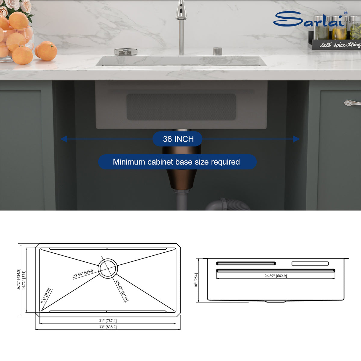Sarlai 33'' Waterfall Undermount Workstation Sink - 16 Gauge Stainless Steel Single Bowl with Pull-Down Faucet