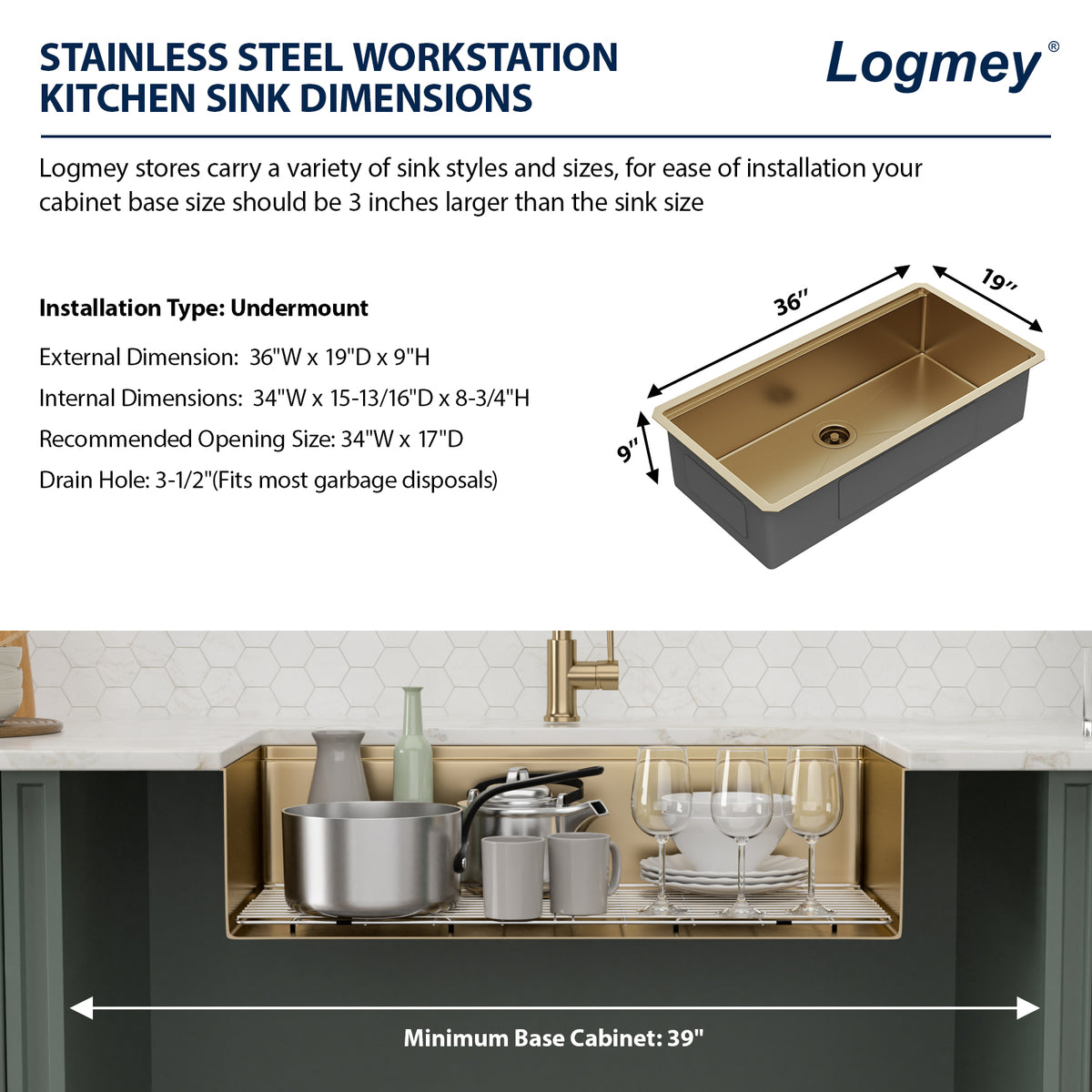 Sarlai 36''x19'' Gold Undermount Workstation Kitchen Sink Single Bowl Step Kitchen Sink