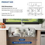 Sarlai 36'' Undermount Workstation Kitchen Sink - 16 Gauge Stainless Steel 50/50 Double Bowl with Low Divider