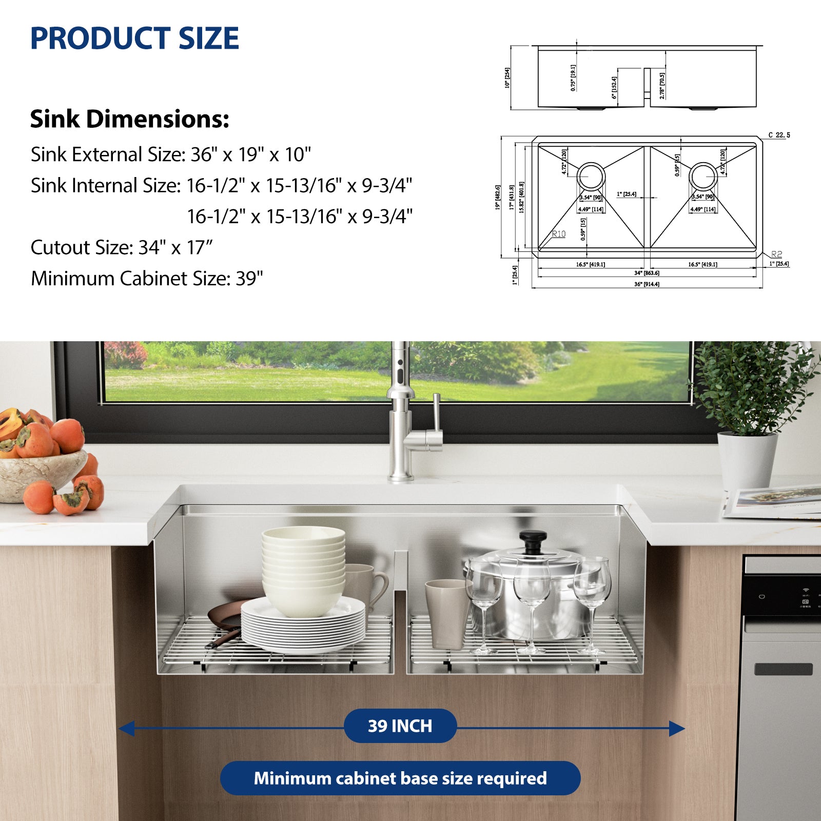 Sarlai 36" Undermount Workstation Kitchen Sink - 16 Gauge Stainless Steel 50/50 Double Bowl with Low Divider