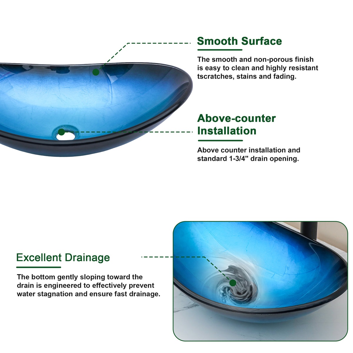 Sarlai 21''x13'' Curved Blue Tempered Glass Bathroom Vessel Sink with Black Pop Up Drain