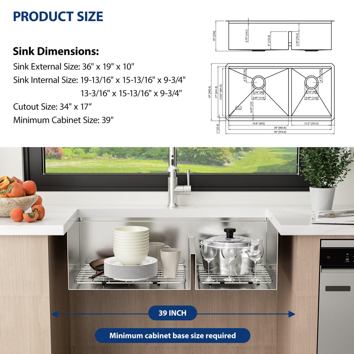 Sarlai 36in Undermount Workstation Sink - 16 Gauge 60/40 Double Bowl with Salad Prep Bowls
