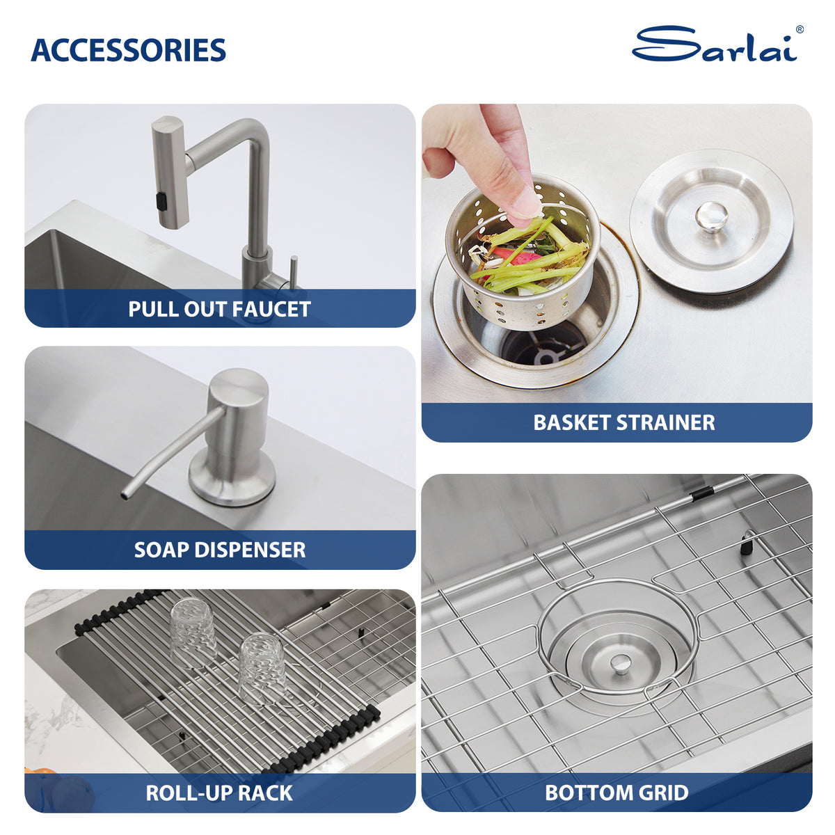 Sarlai 33'' Drop In Workstation Kitchen Sink 16 Gauge SUS304 Stainless Steel Single Bowl Topmount Kitchen Sink