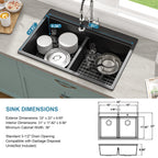 Sarlai 33" Drop-In Black Quartz Composite Workstation Kitchen Sink - 50/50 Double Bowl Low Divide Drop-In Topmount Granite Kitchen Sink with Cutting Board