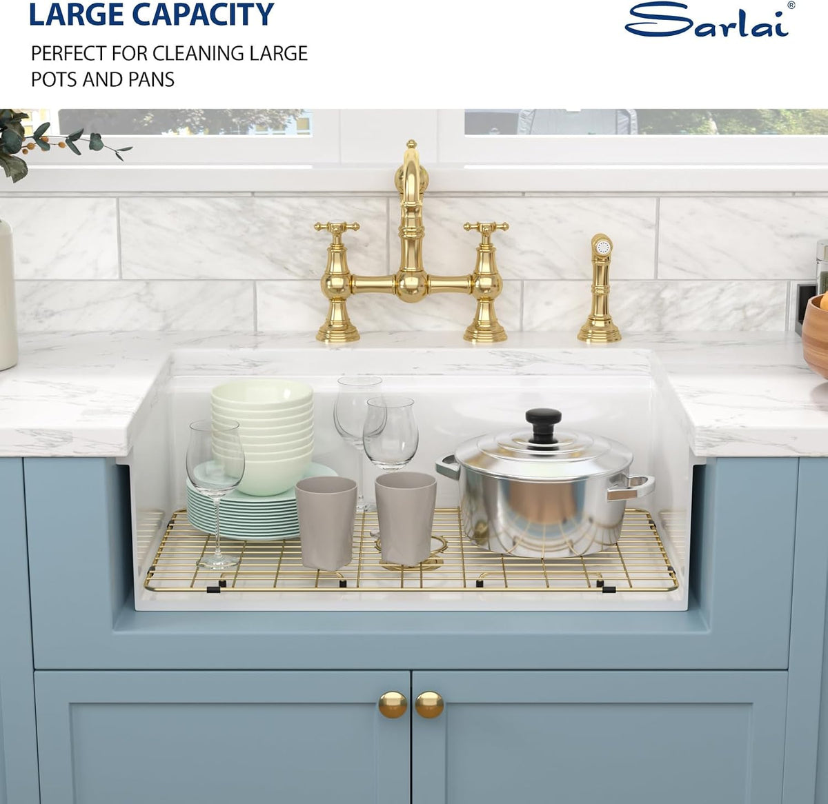 Sarlai 33 Inch White Curved Apron Fireclay Workstation Farmhouse Kitchen Sink with Gold Fixtures
