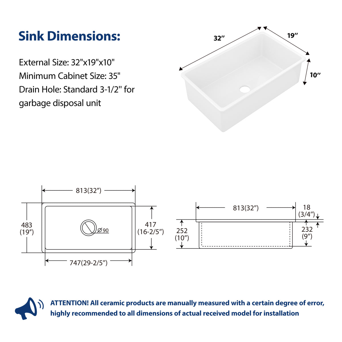 Sarlai 32in White Undermount Single Bowl Fireclay Ceramic Kitchen Sink