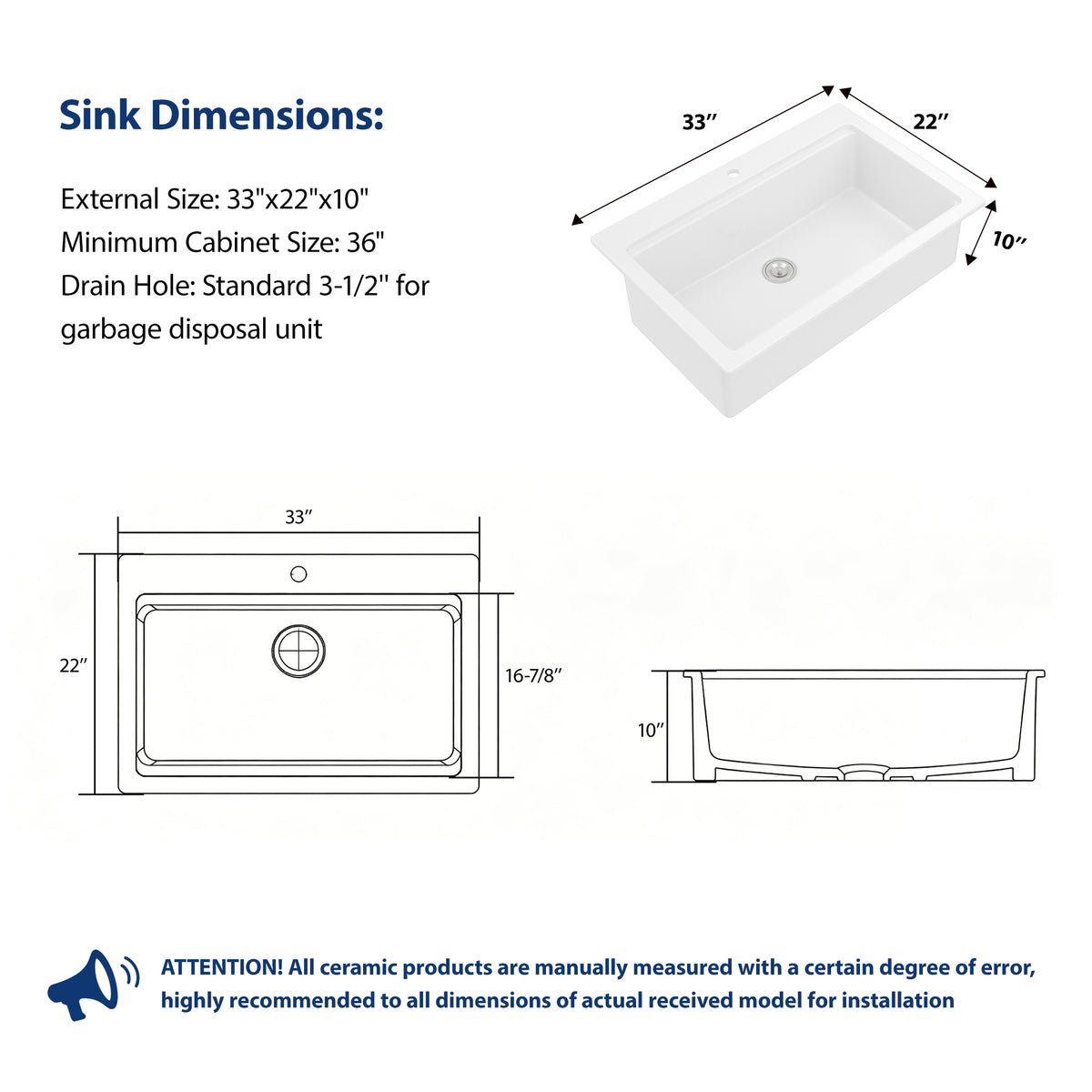 Sarlai 33'' White Ceramic Topmount Workstation Sink Brushed Accessories & Acacia Wood Cutting Board