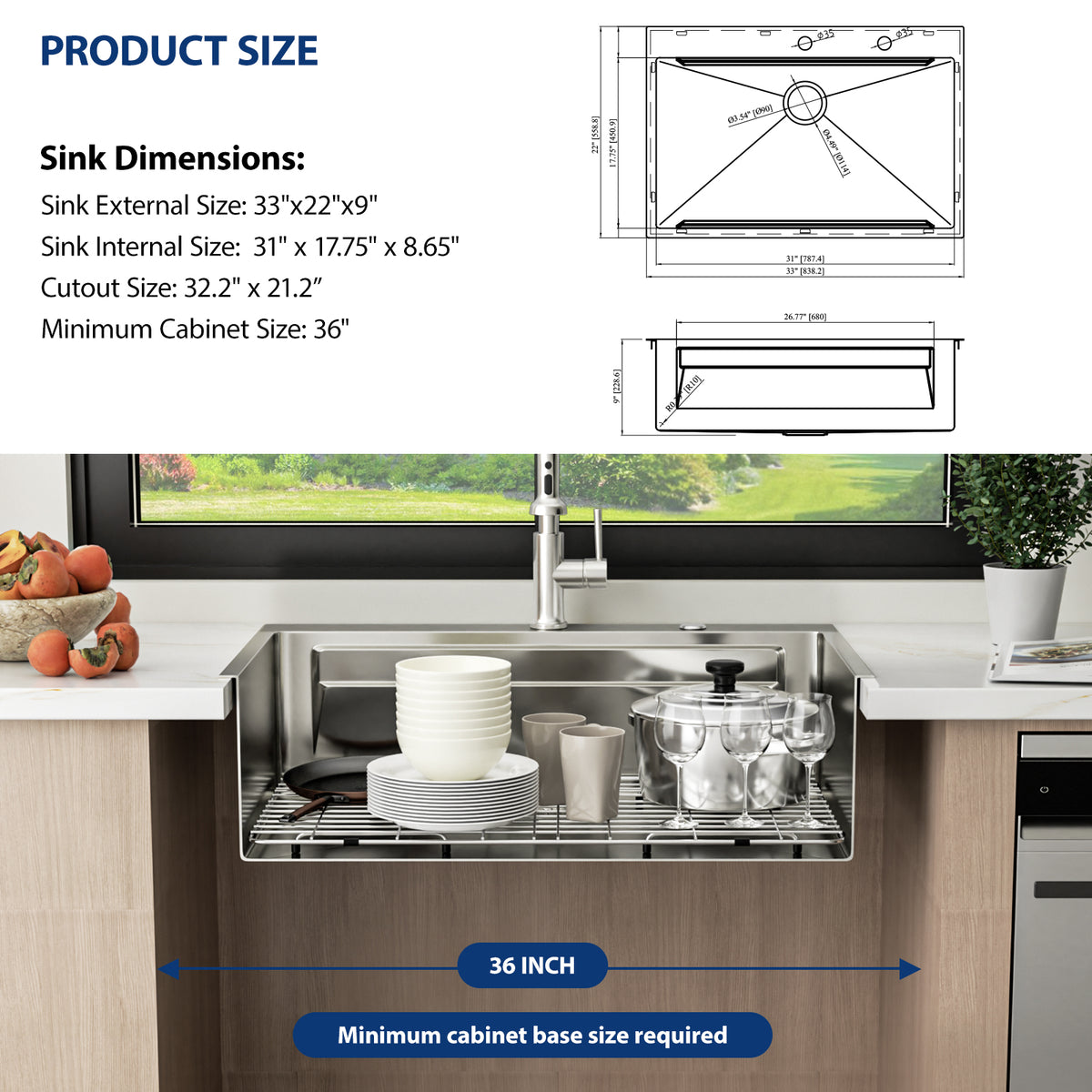 Sarlai Patent Dual Tier Workstation Sink 33 Inch, T304 16 Gauge Stainless Steel Undermount Kitchen Sink
