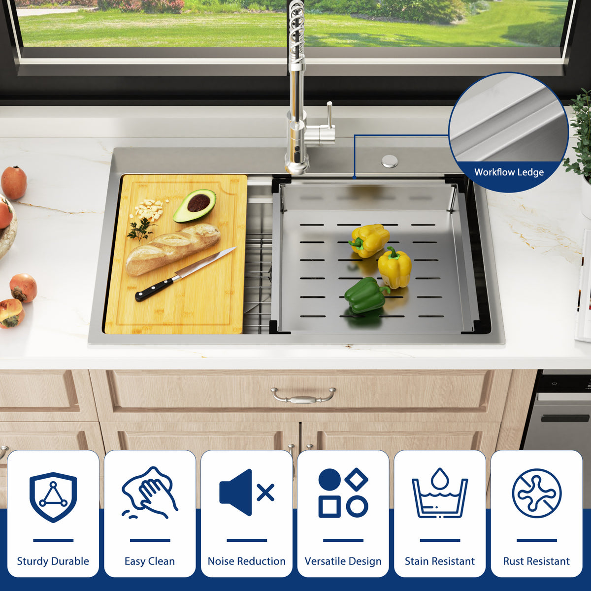 Sarlai Patent Dual Tier Workstation Sink 33 Inch, T304 16 Gauge Stainless Steel Undermount Kitchen Sink