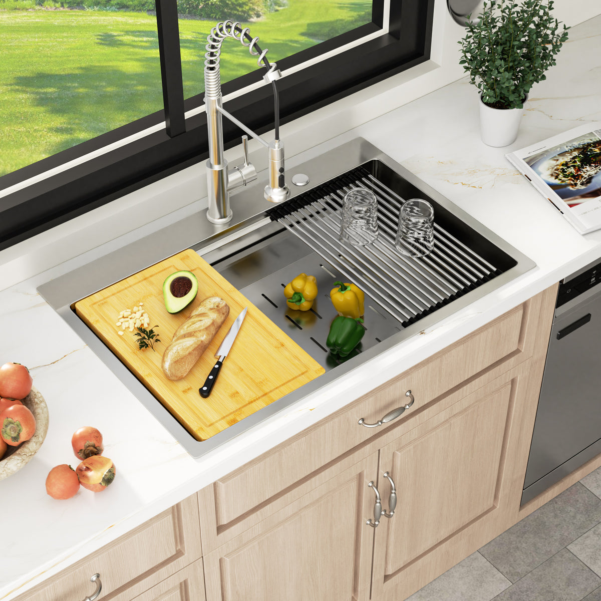 Sarlai Patent Dual Tier Workstation Sink 33 Inch, T304 16 Gauge Stainless Steel Undermount Kitchen Sink