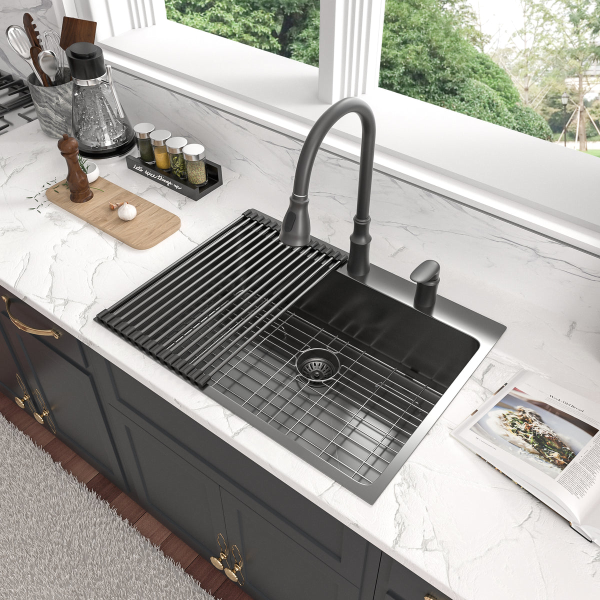 Sarlai 30''x22'' Gunmetal Black Drop In Workstation Kitchen Sink 16 Gauge Nano Stainless Steel Single Bowl Topmount Sink with Accessories