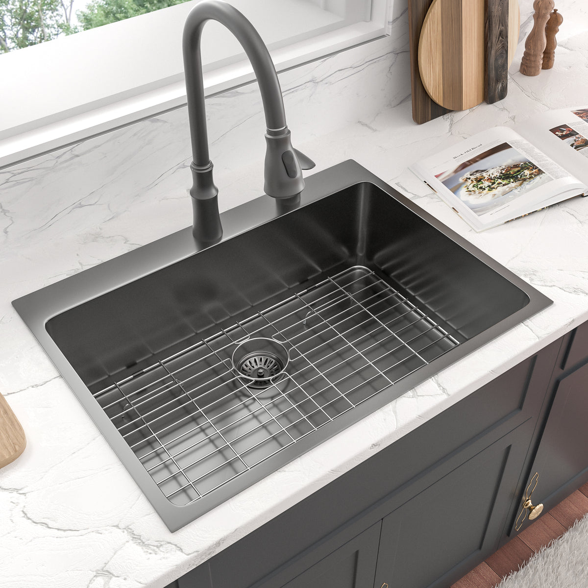 Sarlai 30''x22'' Gunmetal Black Drop In Workstation Kitchen Sink 16 Gauge Nano Stainless Steel Single Bowl Topmount Sink with Accessories