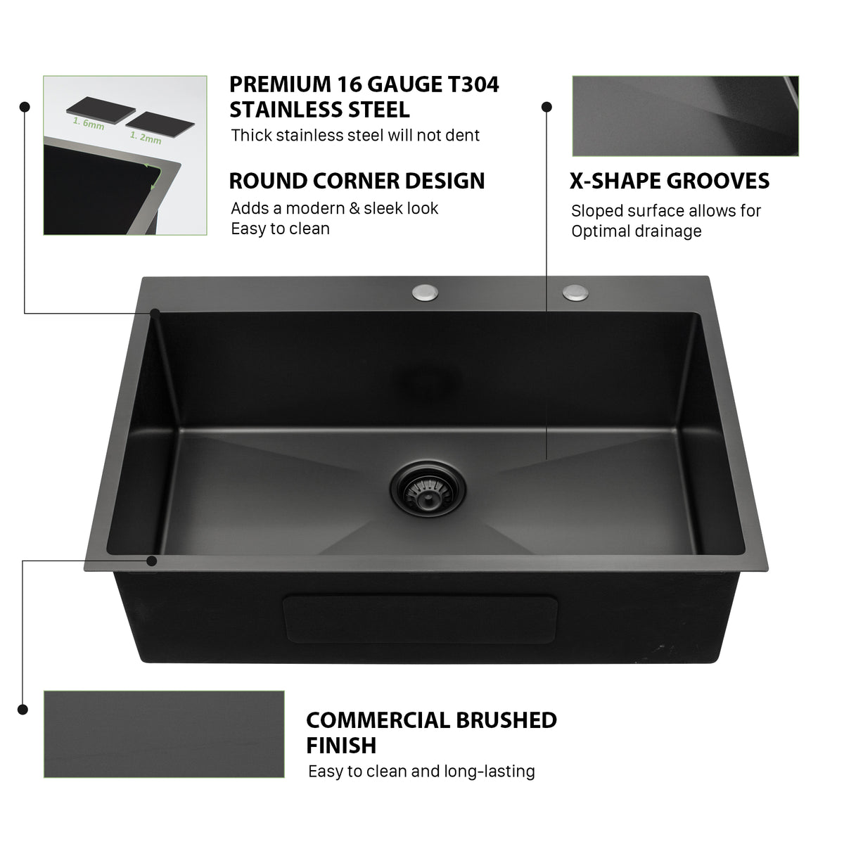 Sarlai 30''x22'' Gunmetal Black Drop In Workstation Kitchen Sink 16 Gauge Nano Stainless Steel Single Bowl Topmount Sink with Accessories