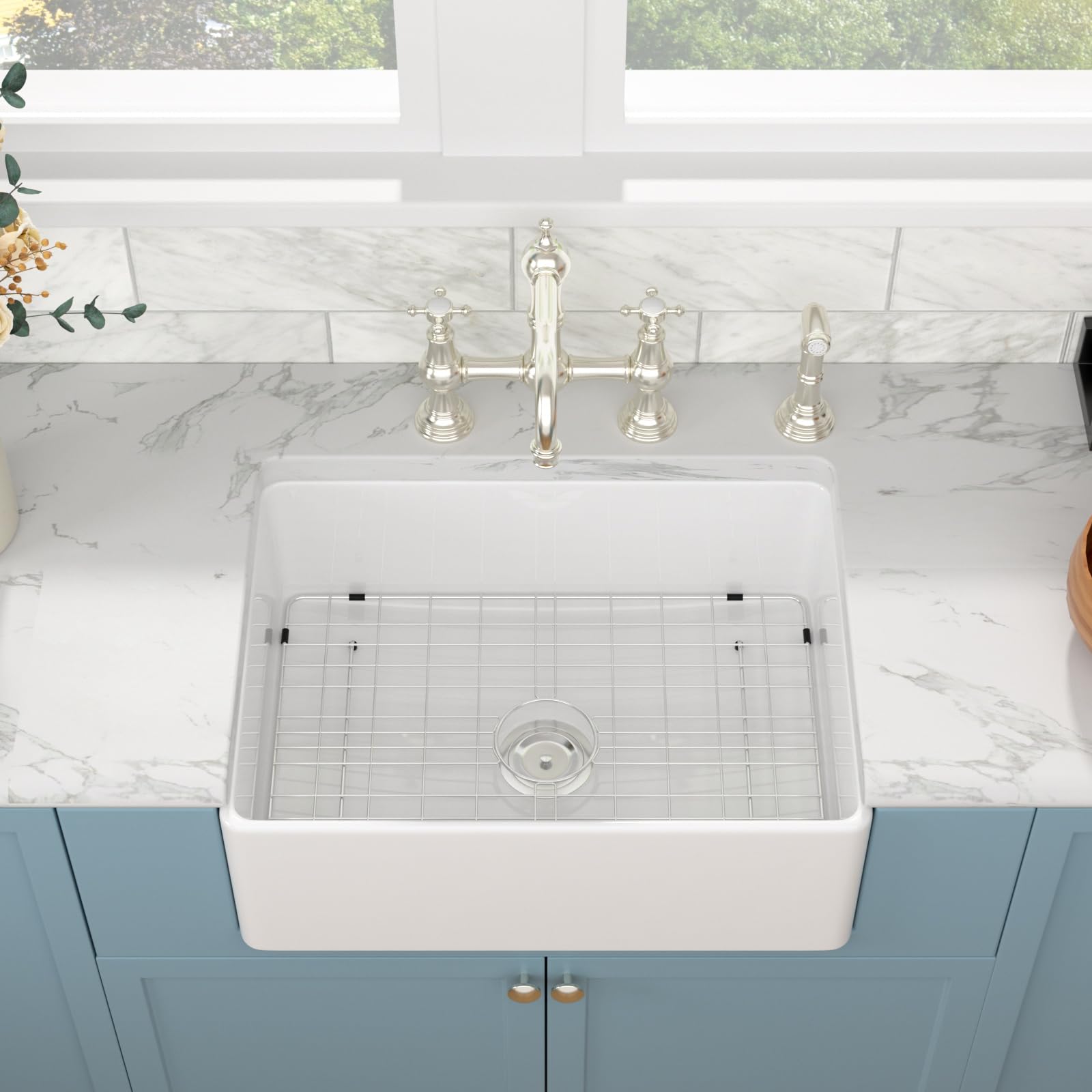 Sarlai 30in White Apron Front Single Bowl Ceramic Porcelain Fireclay Farmhouse Kitchen Sink