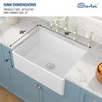 Sarlai 30in White Apron Front Single Bowl Ceramic Porcelain Fireclay Farmhouse Kitchen Sink