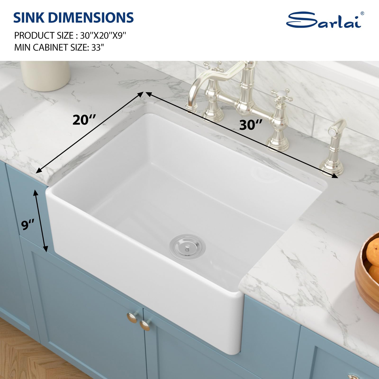 Sarlai 30in White Apron Front Single Bowl Ceramic Porcelain Fireclay Farmhouse Kitchen Sink