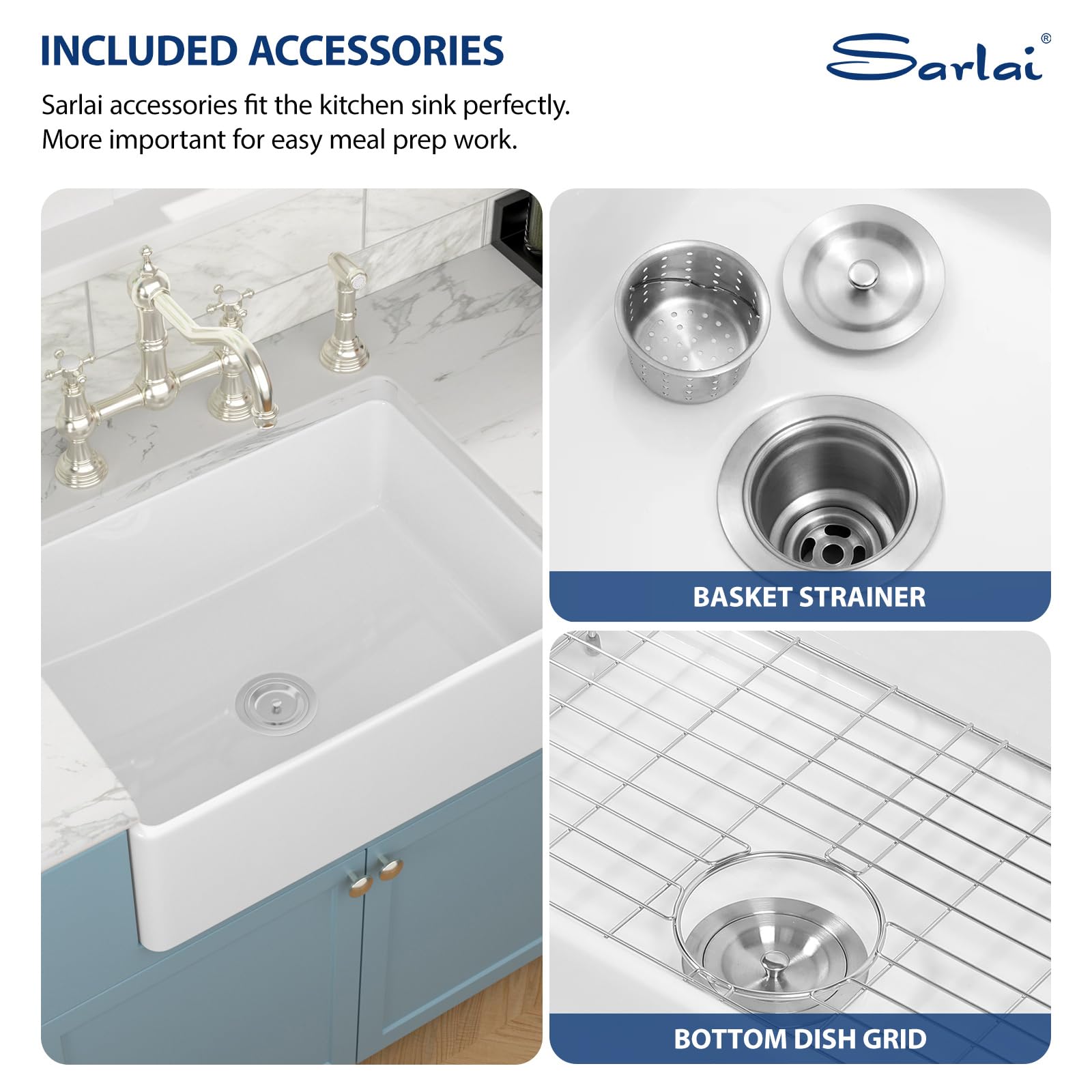Sarlai 30in White Apron Front Single Bowl Ceramic Porcelain Fireclay Farmhouse Kitchen Sink