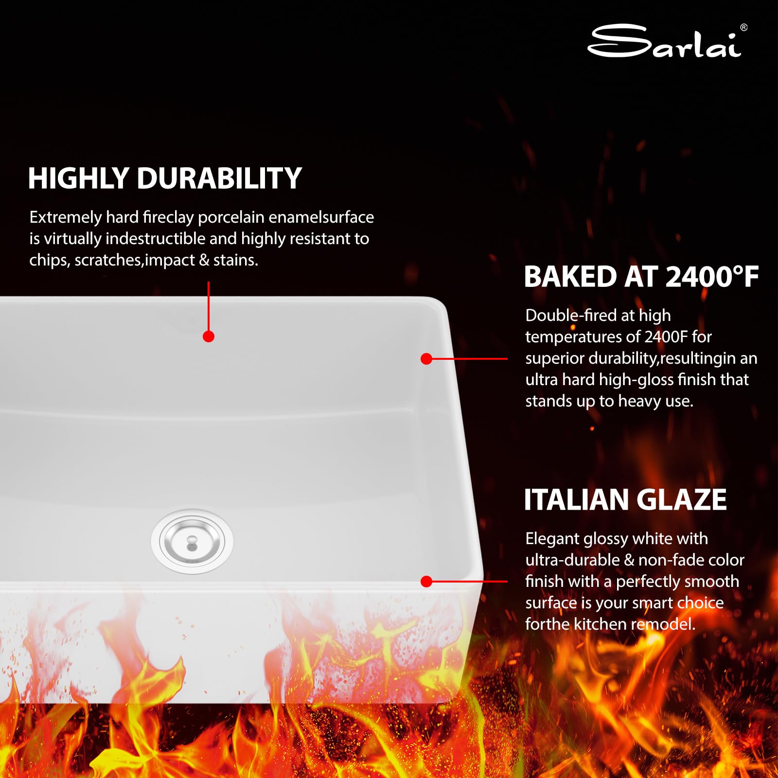Sarlai 30in White Apron Front Single Bowl Ceramic Porcelain Fireclay Farmhouse Kitchen Sink