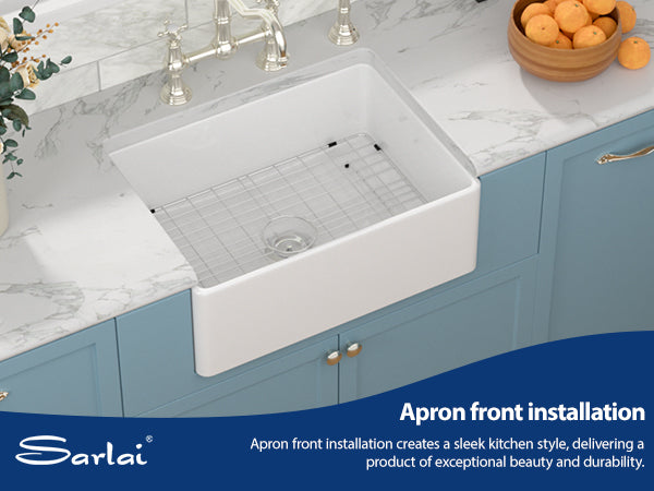 Sarlai 30in White Apron Front Single Bowl Ceramic Porcelain Fireclay Farmhouse Kitchen Sink