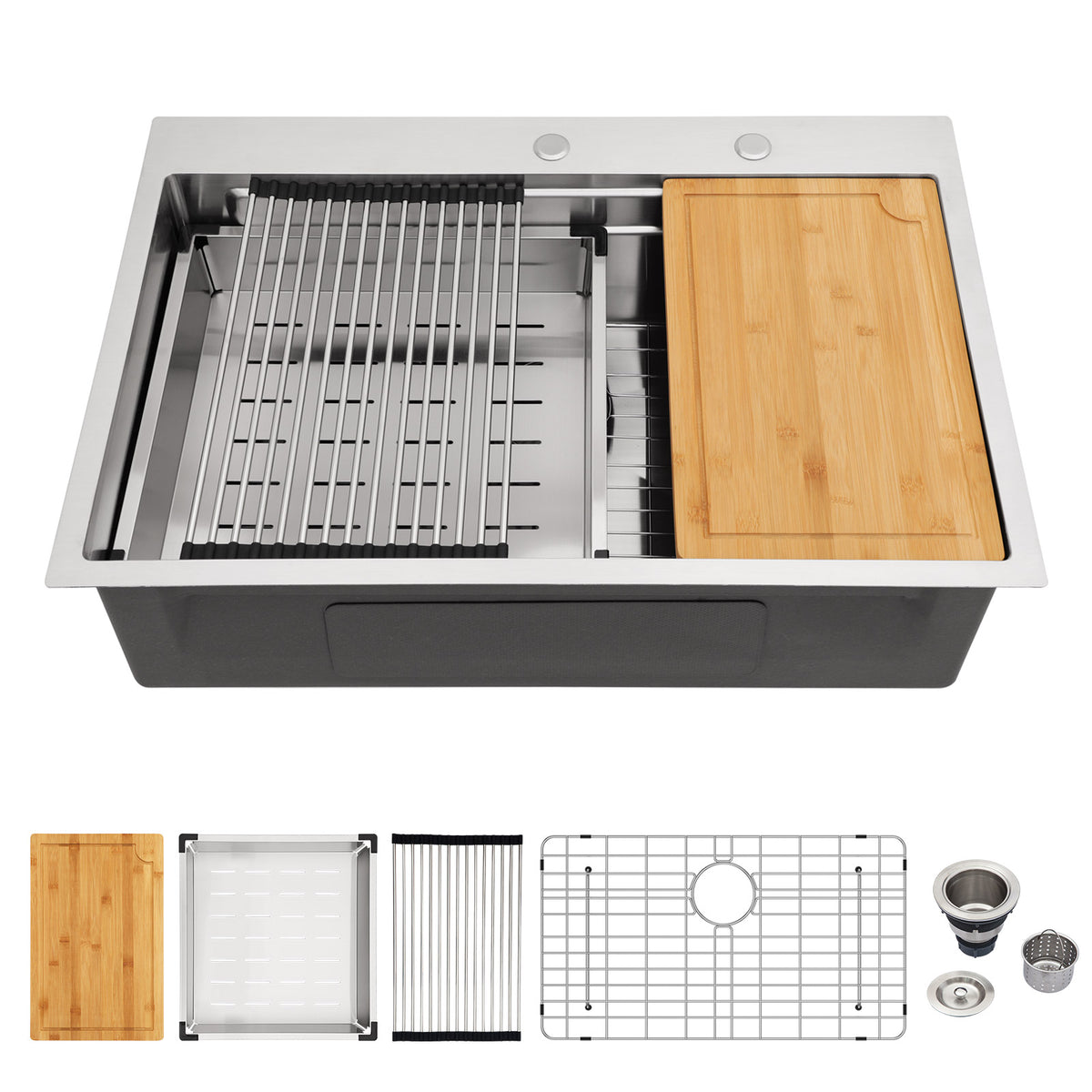 Sarlai Patent Dual Tier Workstation Sink 33 Inch, T304 16 Gauge Stainless Steel Undermount Kitchen Sink