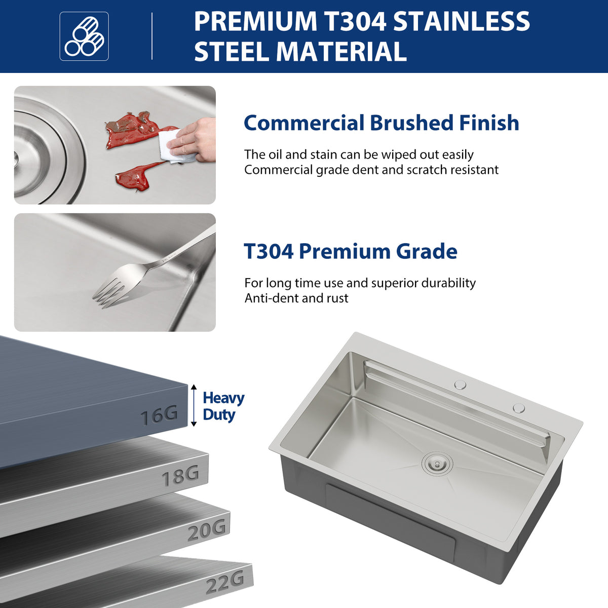 Sarlai Patent Dual Tier Workstation Sink 33 Inch, T304 16 Gauge Stainless Steel Undermount Kitchen Sink