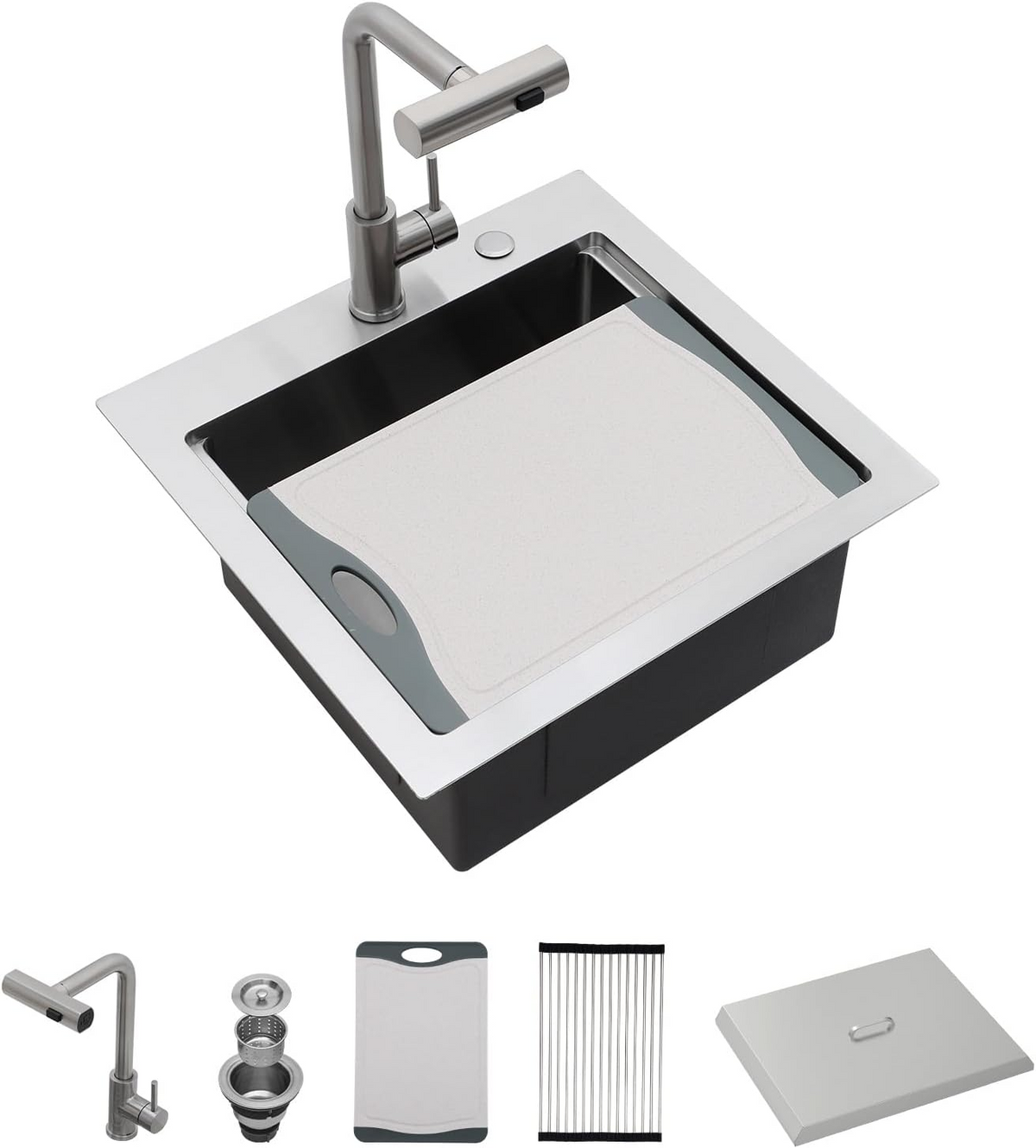 Sarlai 21''Drop In Workstation Bar Sink 16 Gauge SUS304 Stainless Steel Topmount Prep Sink with Pull Out Faucet & Full Accessories