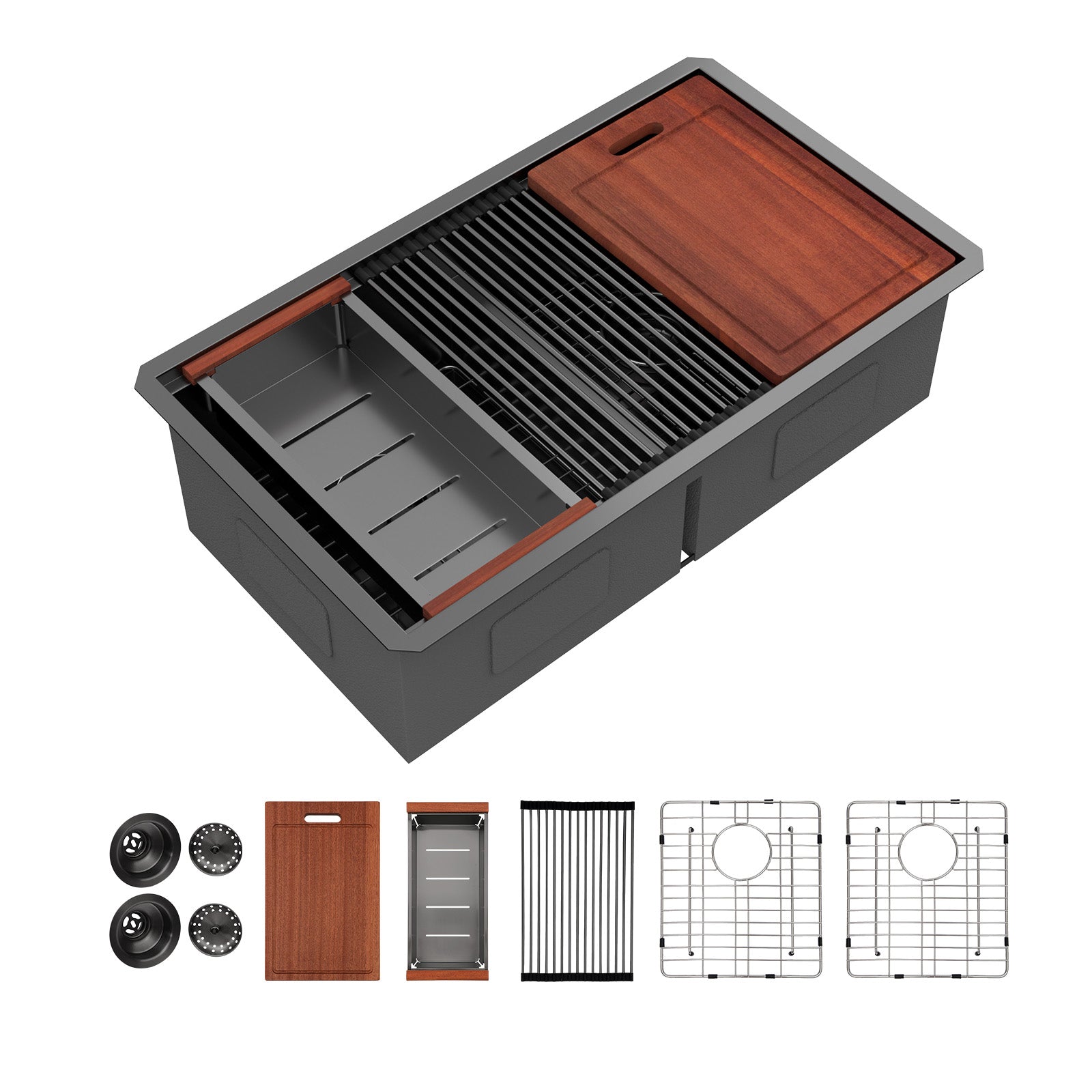 Sarlai 33in Black Undermount Double Bowl Stainless Steel Workstation Kitchen Sink