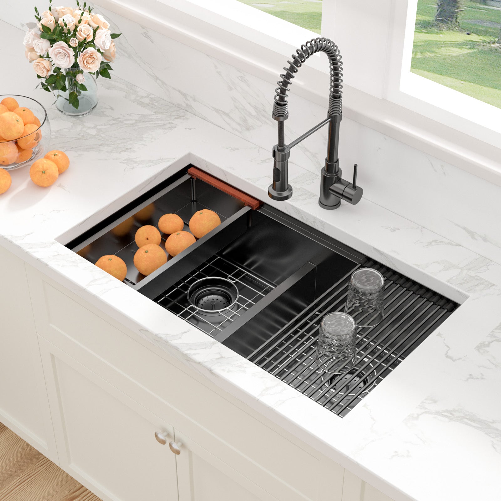 Sarlai 33in Black Undermount Double Bowl Stainless Steel Workstation Kitchen Sink
