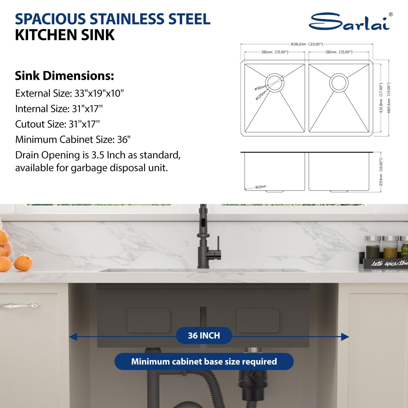 Sarlai 33in Black Undermount Double Bowl Stainless Steel Workstation Kitchen Sink