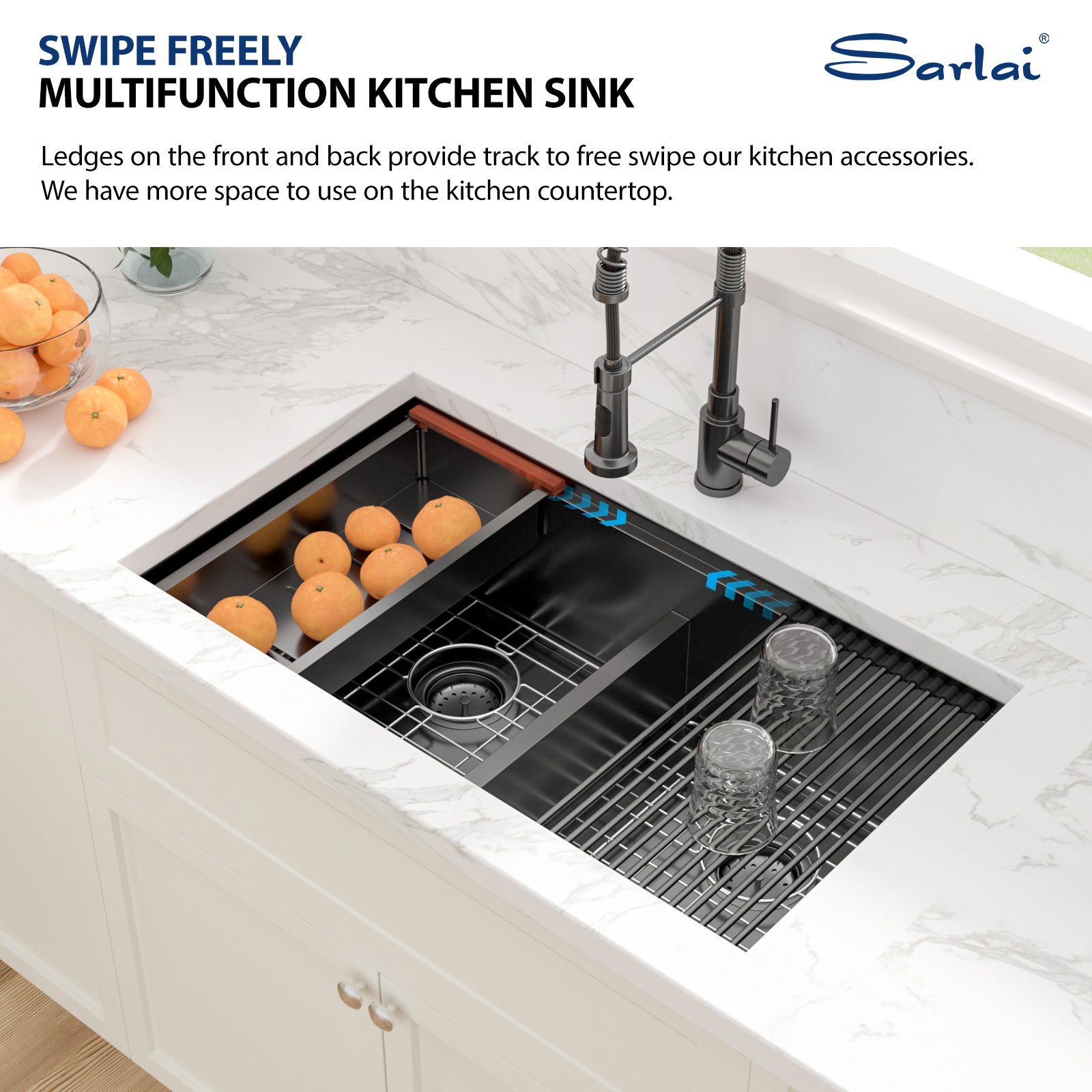 Sarlai 33in Black Undermount Double Bowl Stainless Steel Workstation Kitchen Sink