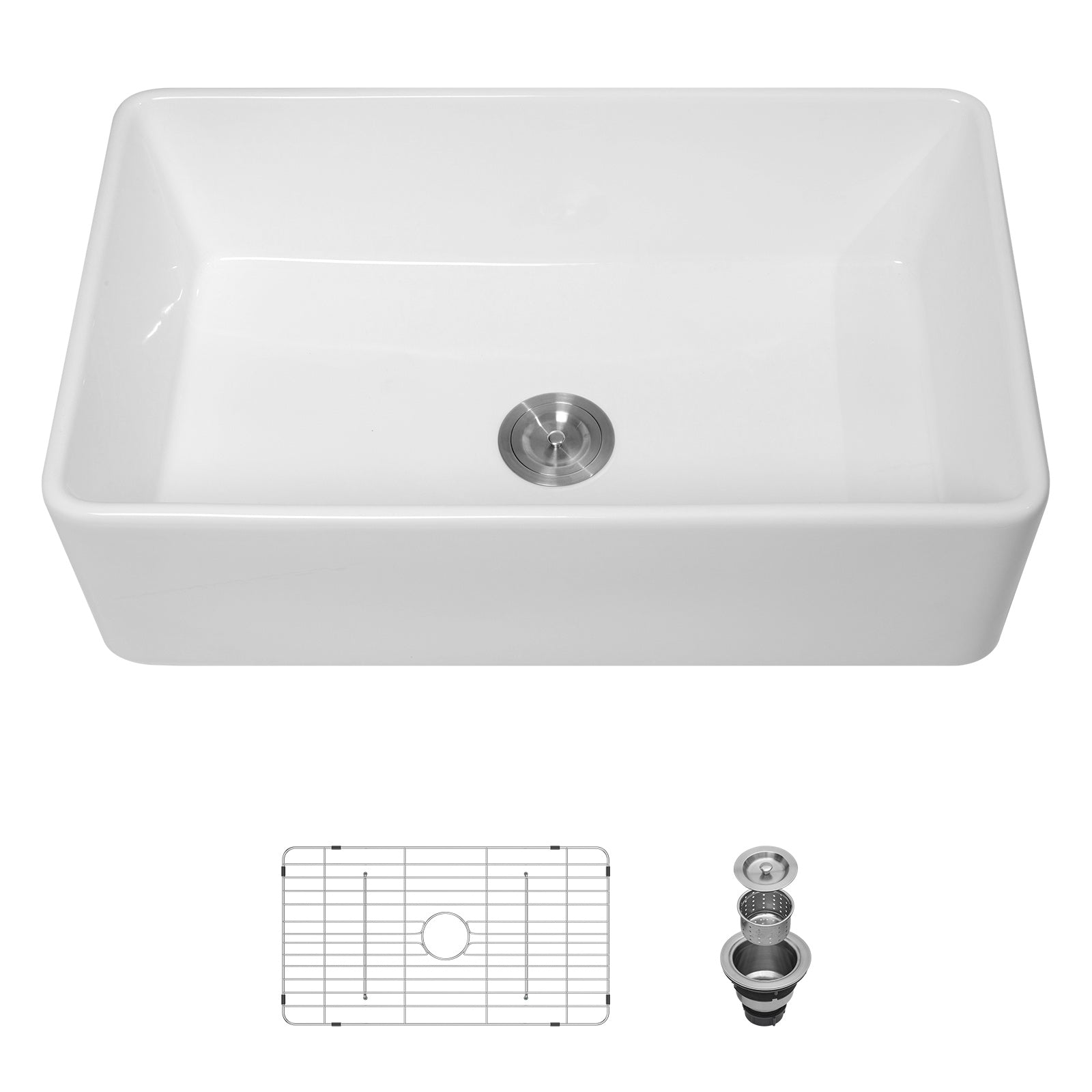 Sarlai 33in White Apron Front Single Bowl Ceramic Porcelain Fireclay Farmhouse Kitchen Sink Main image