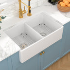 Sarlai 33'' x 20'' White Apron Front Ceramic Double Basin Fireclay Farmhouse Sink