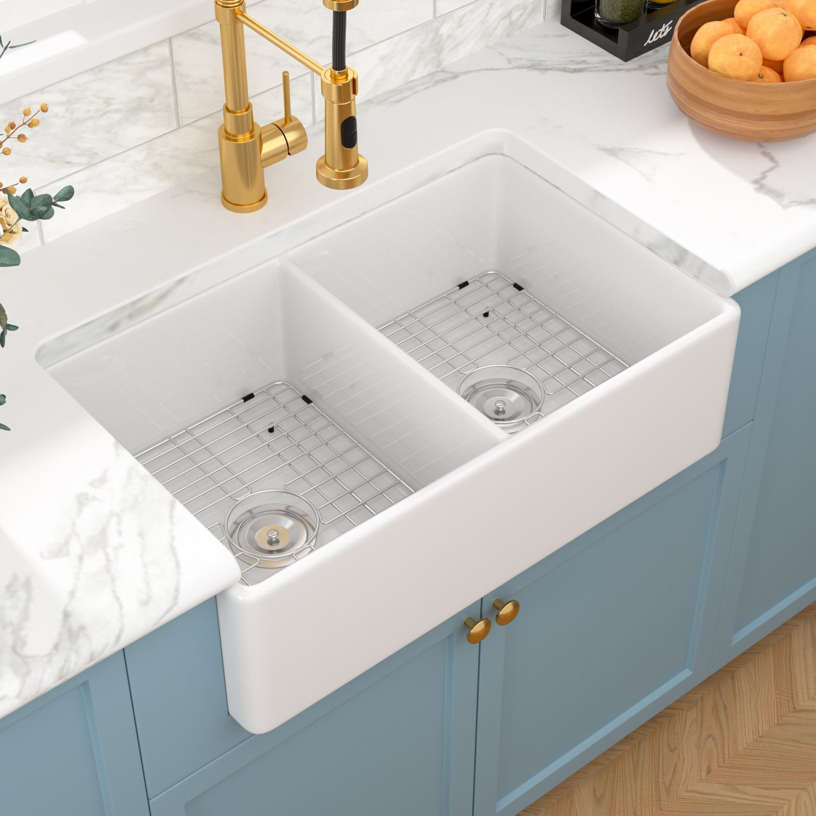Sarlai 33'' x 20'' White Apron Front Ceramic Double Basin Fireclay Farmhouse Sink