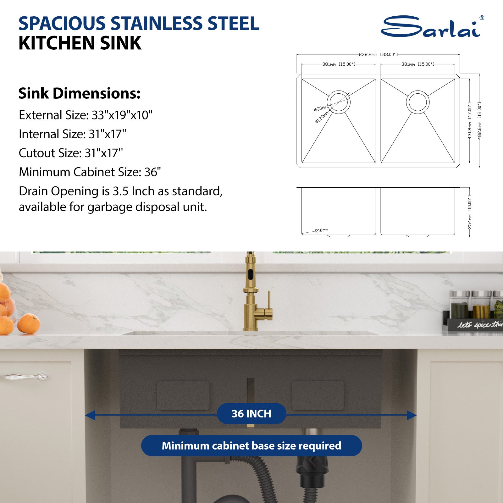 Sarlai 33'' Honeycomb Nano Undermount Single Bowl Stainless Steel Workstation Kitchen Sink