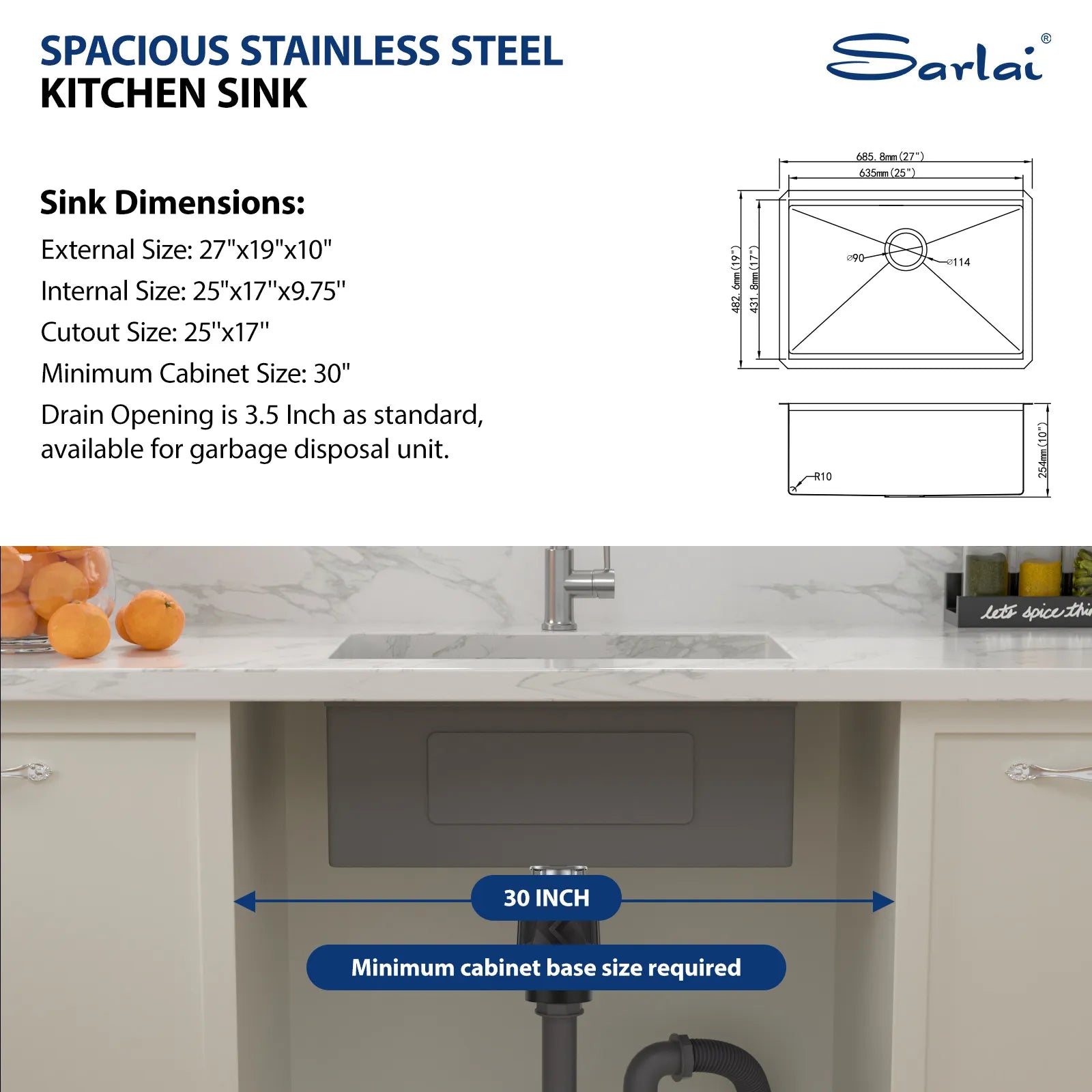 Sarlai 27 inch Durable 16 Gauge Stainless Steel Single Bowl Ledge Workstation  Undermount Kitchen Sink with Accessories