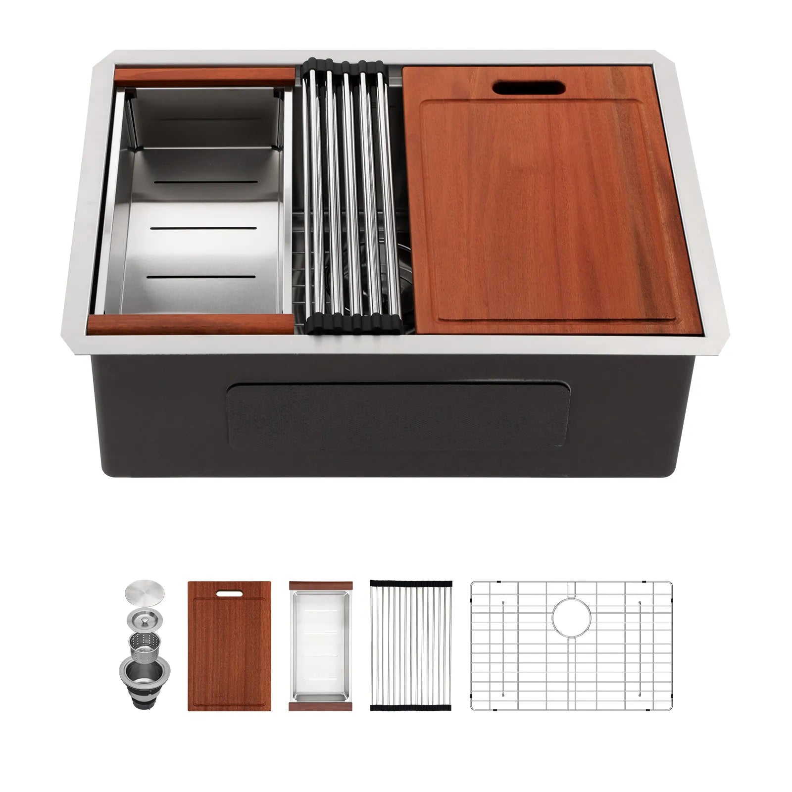 27 Undermount Kitchen Sink—Sarlai 27 inch Durable 16 Gauge Stainless Steel Single Bowl Ledge Workstation Kitchen Sink with Accessories Main image