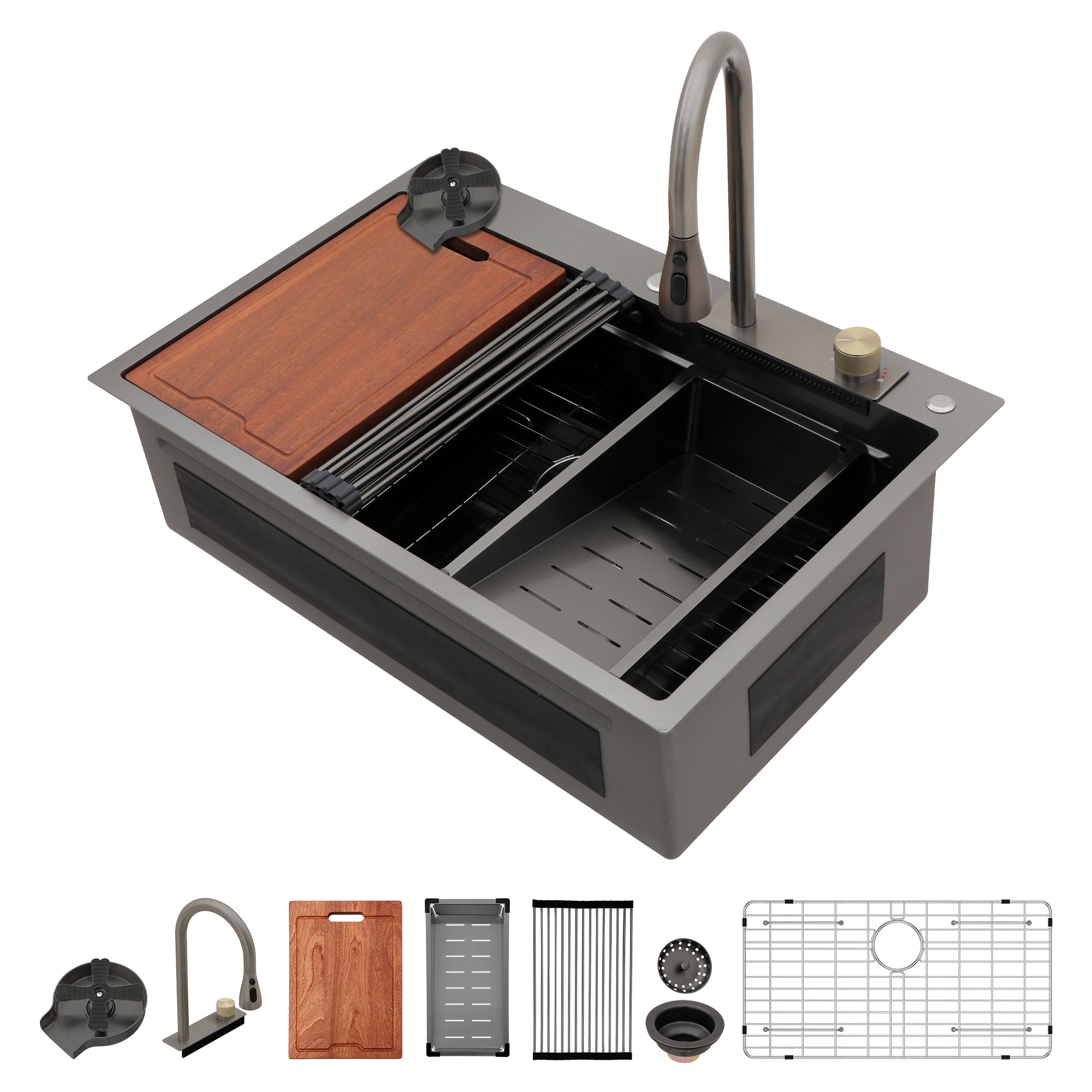 Sarlai 33'' Drop In Waterfall Single Bowl Stainless Steel Workstation Kitchen Sink Main image