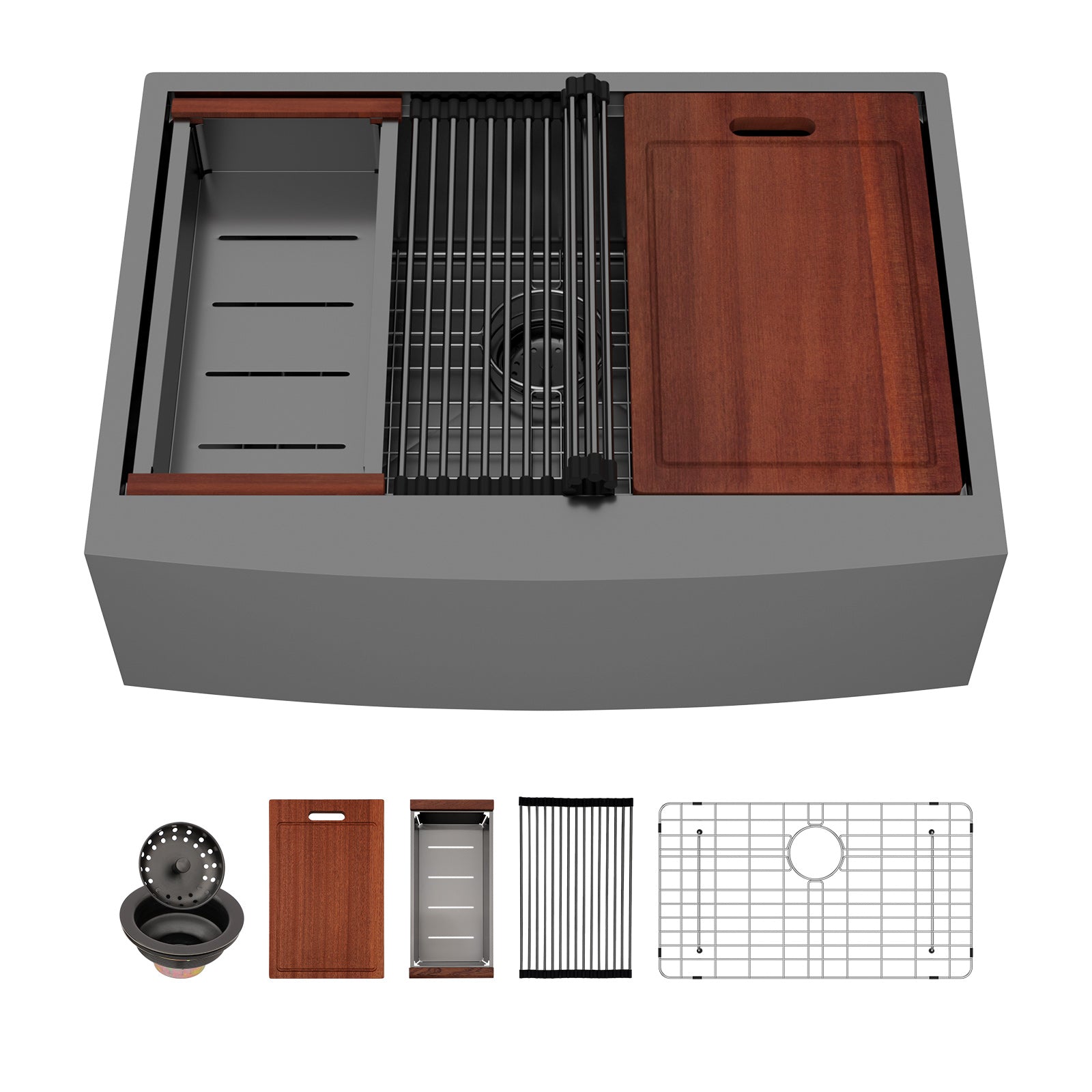 Sarlai 30'' Stainless Steel Single Bowl Gunmetal Black NANO PVD Workstation Farmhouse Sink