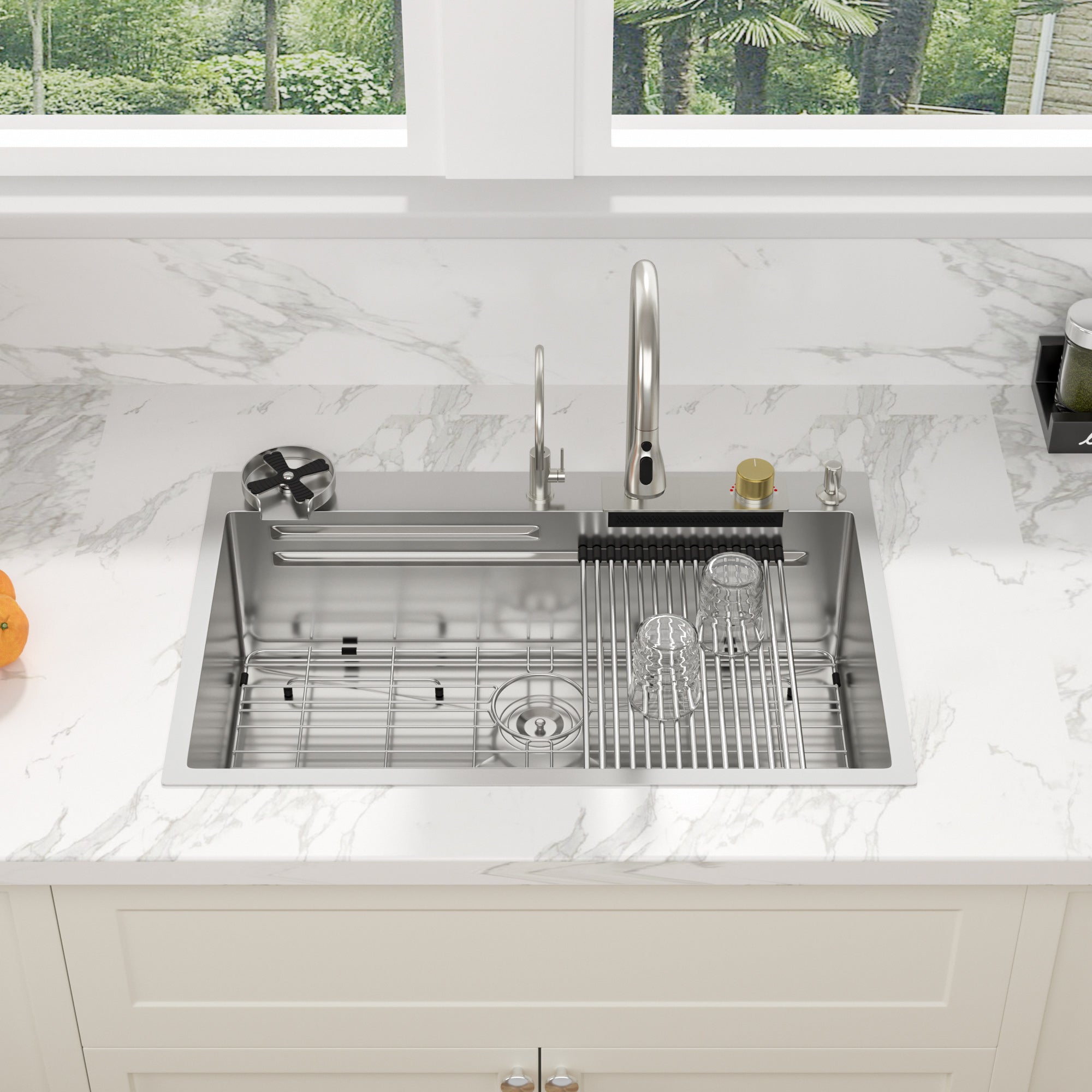 Sarlai 33'' x 22'' Stainless Steel Drop In Single Bowl Waterfall Workstation Kitchen Sink