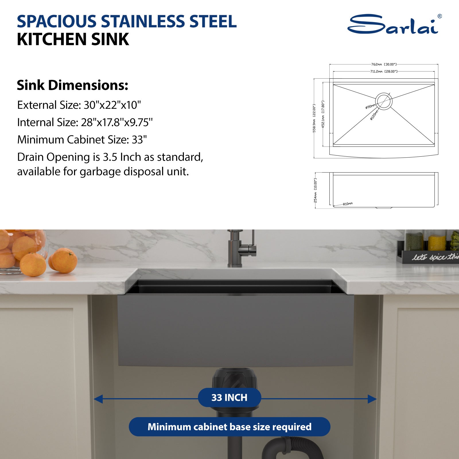 Sarlai 30'' Stainless Steel Single Bowl Gunmetal Black NANO PVD Workstation Farmhouse Sink