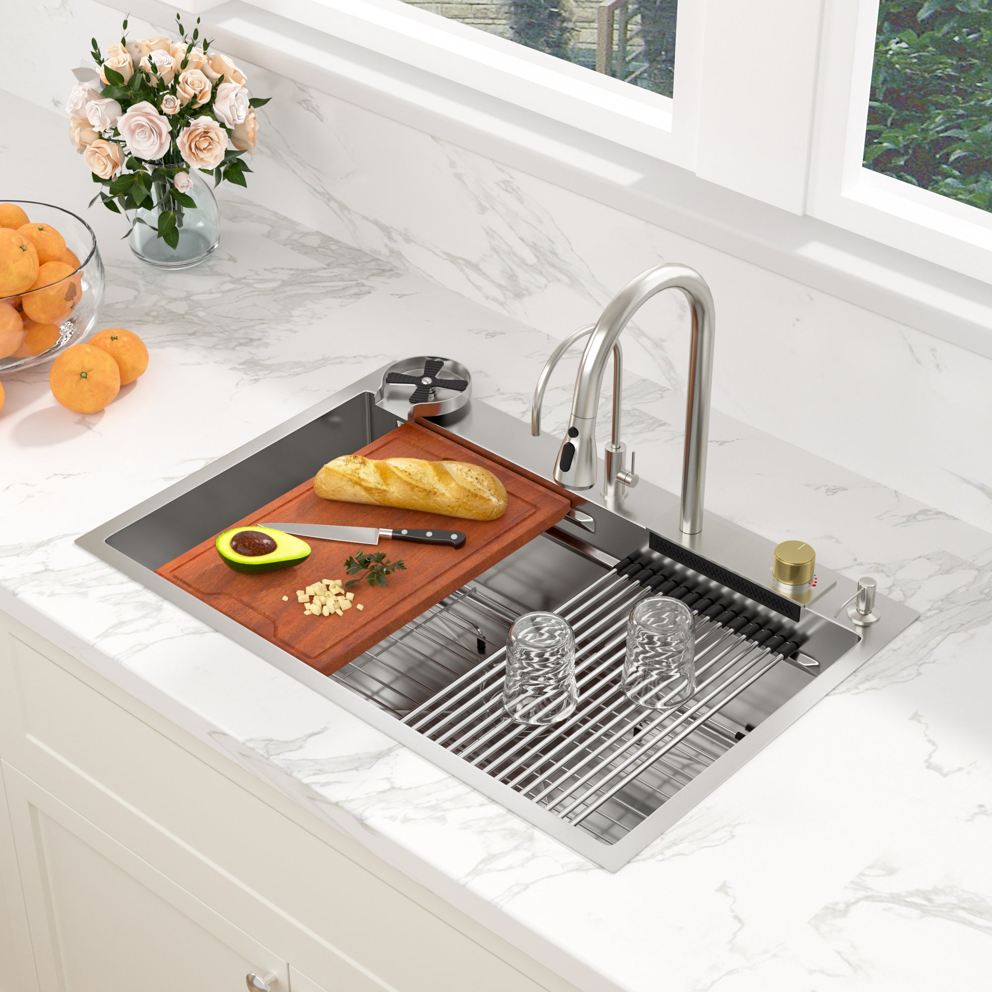 Sarlai 33'' x 22'' Stainless Steel Drop In Single Bowl Waterfall Workstation Kitchen Sink