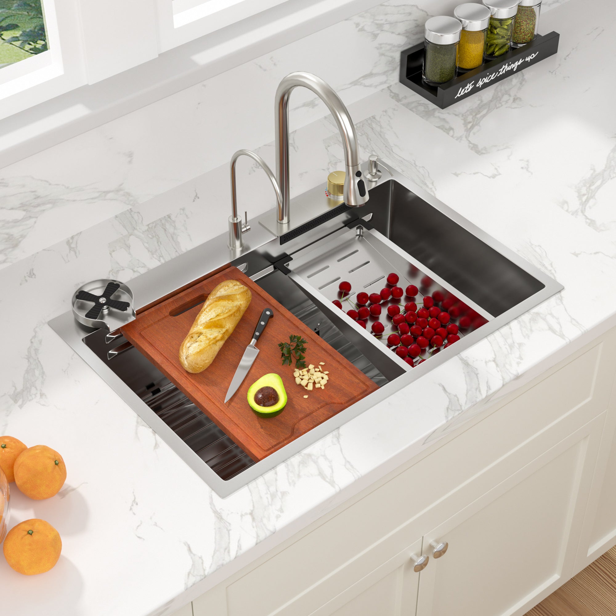 Sarlai 33'' x 22'' Stainless Steel Drop In Single Bowl Waterfall Workstation Kitchen Sink