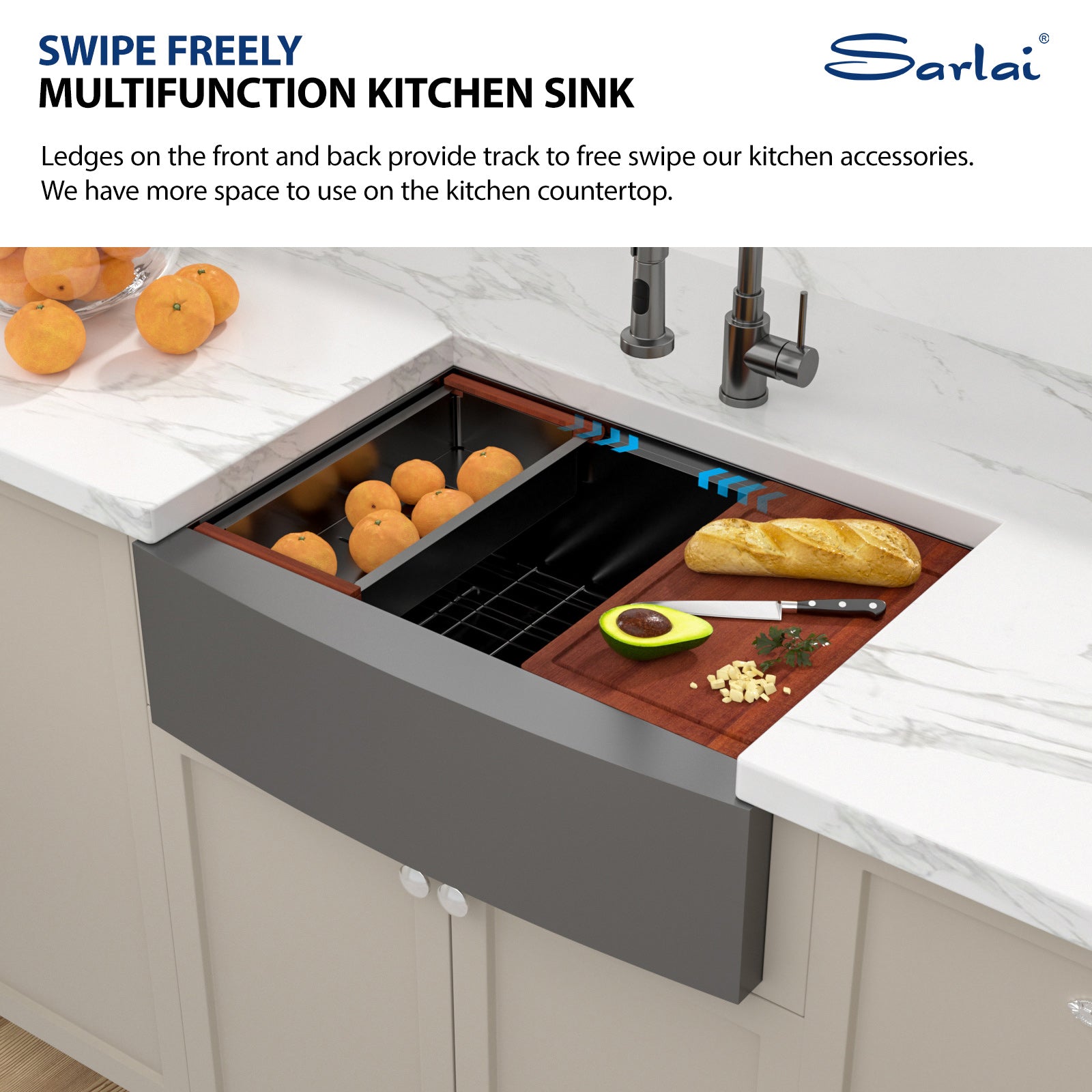 Sarlai 30'' Stainless Steel Single Bowl Gunmetal Black NANO PVD Workstation Farmhouse Sink