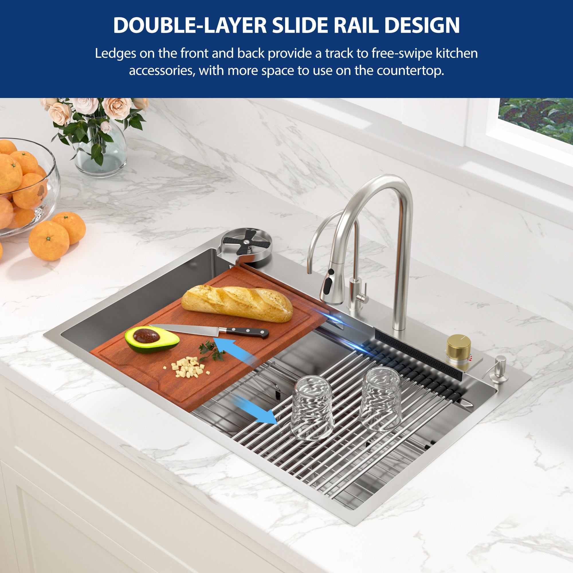 Sarlai 33'' x 22'' Stainless Steel Drop In Single Bowl Waterfall Workstation Kitchen Sink