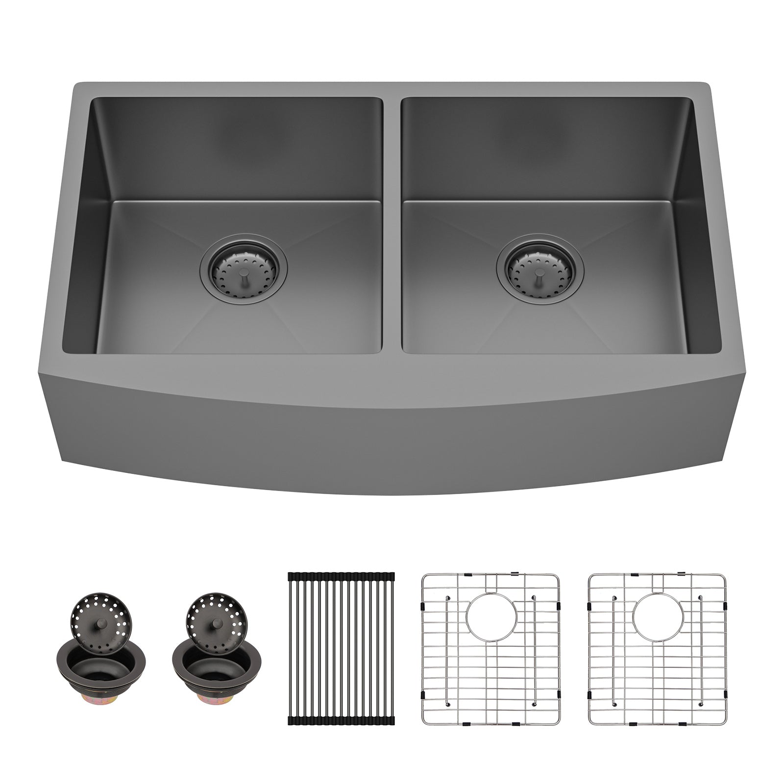 Sarlai Black Farmhouse Sink 33 Inch Double Bowl - 33x21 inch Kitchen Sink Gunmetal Black Double Basin 50/50 Apron Front 16 Gauge Stainless Steel Farm Sinks Basin Main image