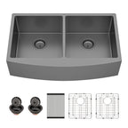 Sarlai Black Farmhouse Sink 33 Inch Double Bowl - 33x21 inch Kitchen Sink Gunmetal Black Double Basin 50/50 Apron Front 16 Gauge Stainless Steel Farm Sinks Basin